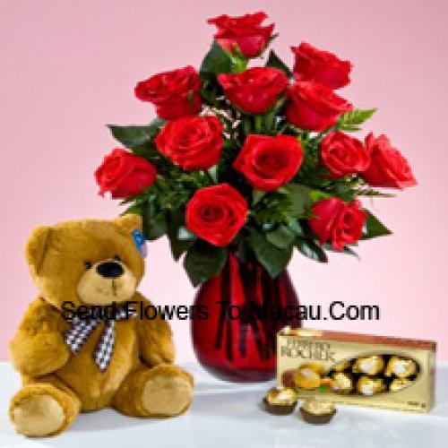 11 Rosas rojas con peluche de 12 pulgadas y Ferrero Rochers