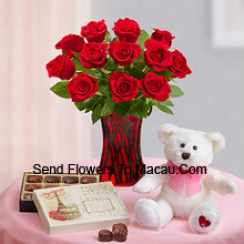 11 Hermosas Rosas Rojas con Peluche y Chocolates