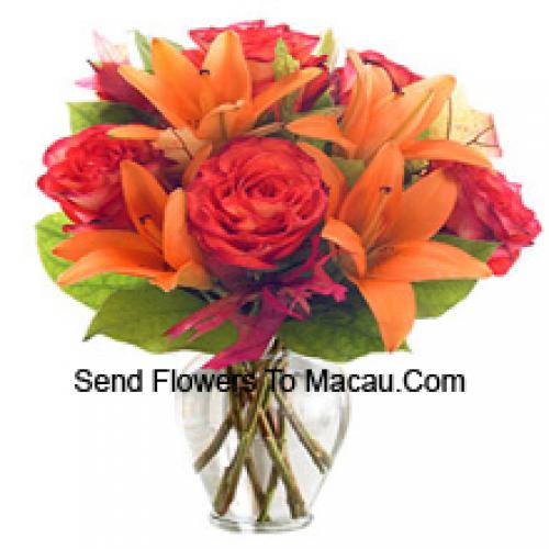 Orange Lilies and Orange Roses in Vase