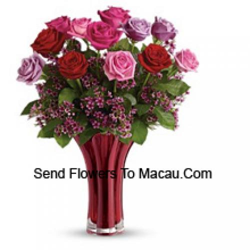 11 Assorted Roses in Vase