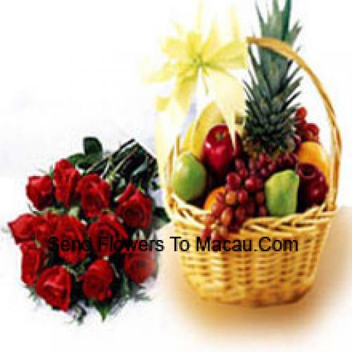 11 Red Roses with Fresh 5 Kg Fruit Basket