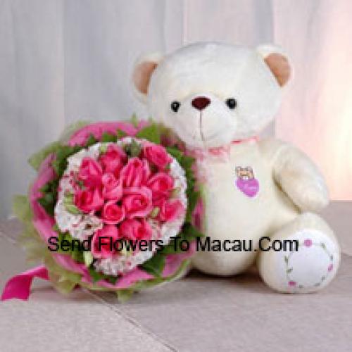 11 Roze Rozen met Schattige Lieve Teddybeer