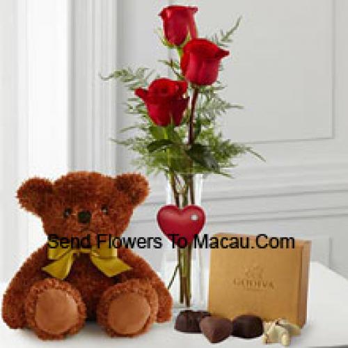 3 Rosas Rojas con Peluche y Chocolates