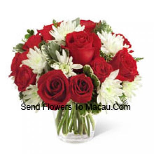 Red Roses and Cute chrysanthemums in Vase